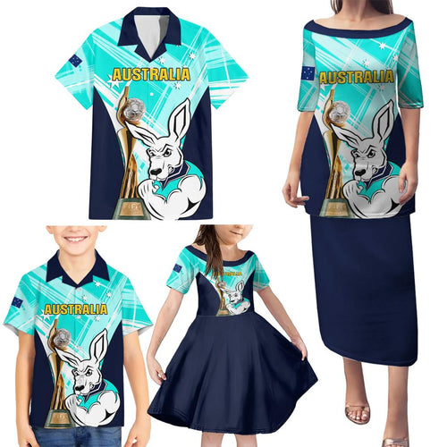 Custom Australia Soccer Family Matching Puletasi and Hawaiian Shirt Matildas Kangaroo With World Cup Trophy 2023 Turquoise Version