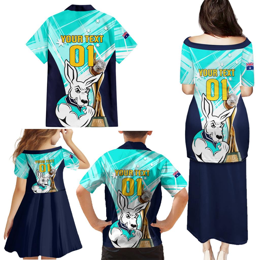 Custom Australia Soccer Family Matching Puletasi and Hawaiian Shirt Matildas Kangaroo With World Cup Trophy 2023 Turquoise Version