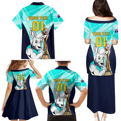 Custom Australia Soccer Family Matching Puletasi and Hawaiian Shirt Matildas Kangaroo With World Cup Trophy 2023 Turquoise Version