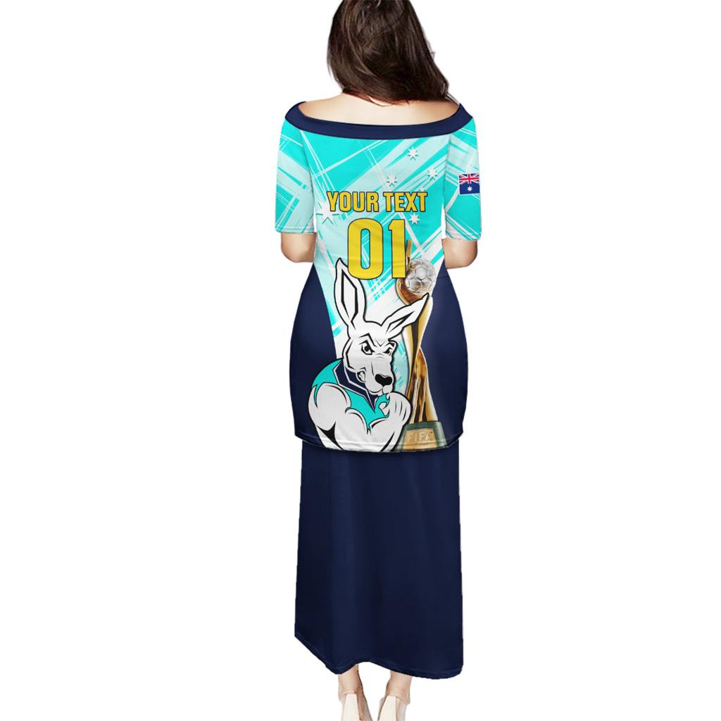 Custom Australia Soccer Family Matching Puletasi and Hawaiian Shirt Matildas Kangaroo With World Cup Trophy 2023 Turquoise Version