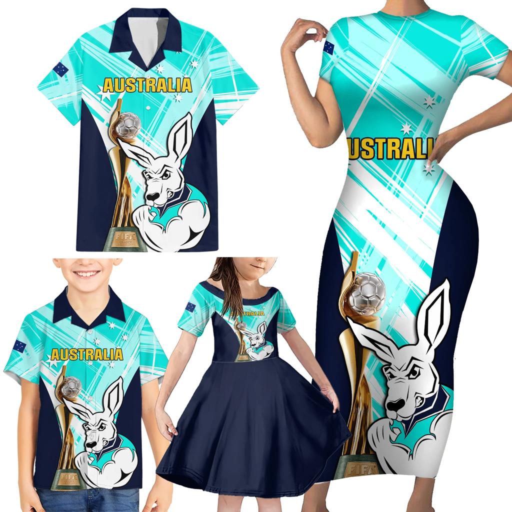 Custom Australia Soccer Family Matching Short Sleeve Bodycon Dress and Hawaiian Shirt Matildas Kangaroo With World Cup Trophy 2023 Turquoise Version