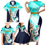 Custom Australia Soccer Family Matching Short Sleeve Bodycon Dress and Hawaiian Shirt Matildas Kangaroo With World Cup Trophy 2023 Turquoise Version