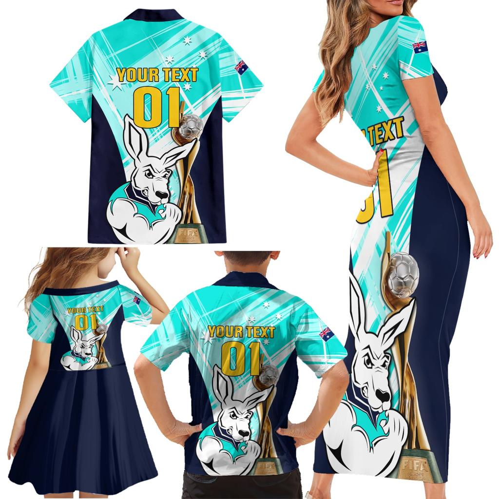 Custom Australia Soccer Family Matching Short Sleeve Bodycon Dress and Hawaiian Shirt Matildas Kangaroo With World Cup Trophy 2023 Turquoise Version