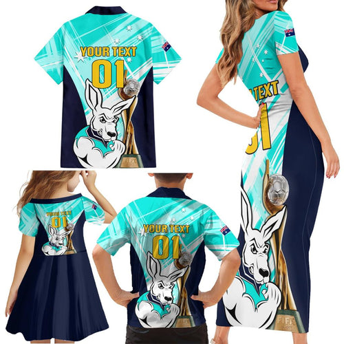 Custom Australia Soccer Family Matching Short Sleeve Bodycon Dress and Hawaiian Shirt Matildas Kangaroo With World Cup Trophy 2023 Turquoise Version