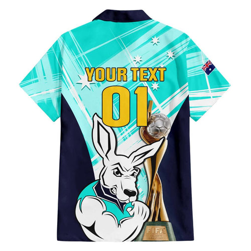 Custom Australia Soccer Family Matching Short Sleeve Bodycon Dress and Hawaiian Shirt Matildas Kangaroo With World Cup Trophy 2023 Turquoise Version