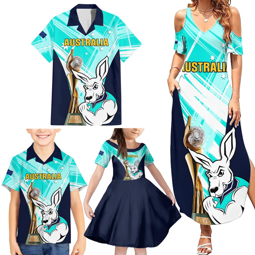 Custom Australia Soccer Family Matching Summer Maxi Dress and Hawaiian Shirt Matildas Kangaroo With World Cup Trophy 2023 Turquoise Version