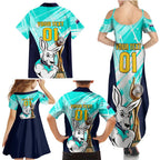 Custom Australia Soccer Family Matching Summer Maxi Dress and Hawaiian Shirt Matildas Kangaroo With World Cup Trophy 2023 Turquoise Version