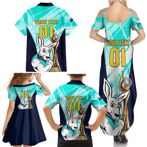 Custom Australia Soccer Family Matching Summer Maxi Dress and Hawaiian Shirt Matildas Kangaroo With World Cup Trophy 2023 Turquoise Version