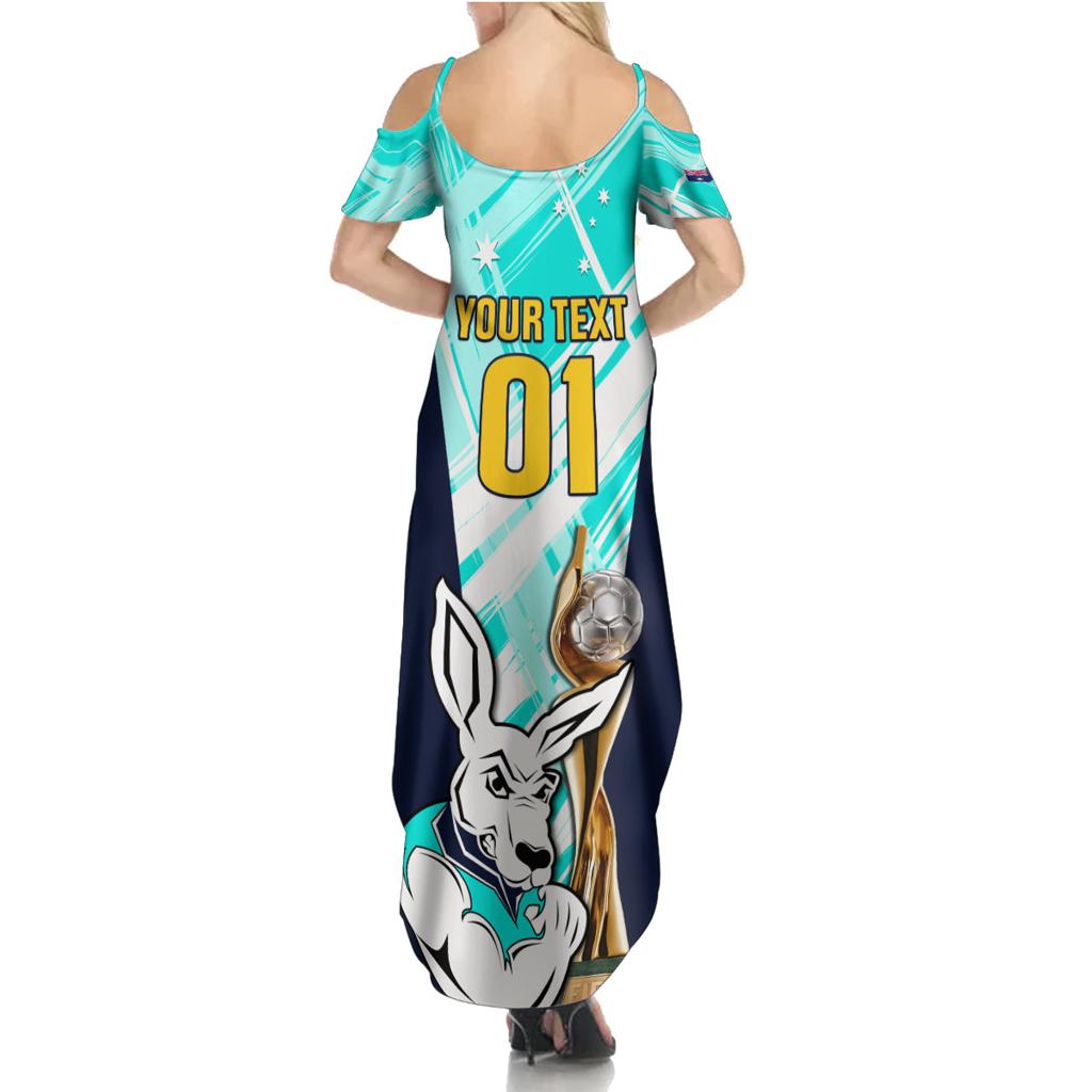 Custom Australia Soccer Family Matching Summer Maxi Dress and Hawaiian Shirt Matildas Kangaroo With World Cup Trophy 2023 Turquoise Version