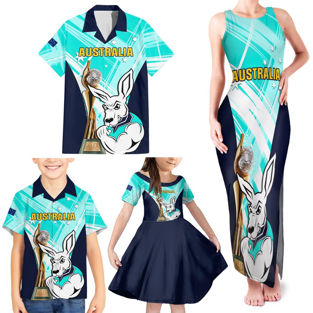 Custom Australia Soccer Family Matching Tank Maxi Dress and Hawaiian Shirt Matildas Kangaroo With World Cup Trophy 2023 Turquoise Version