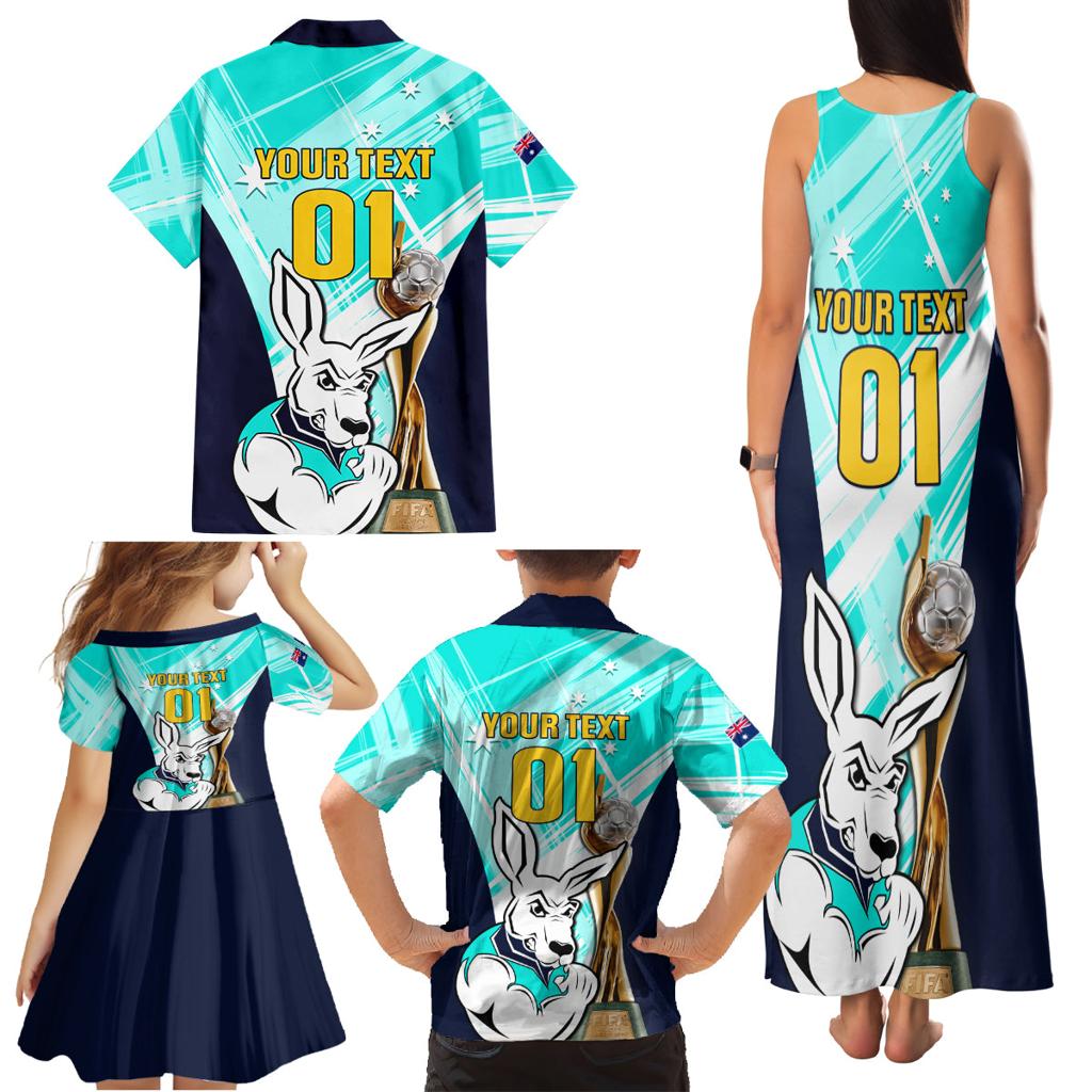 Custom Australia Soccer Family Matching Tank Maxi Dress and Hawaiian Shirt Matildas Kangaroo With World Cup Trophy 2023 Turquoise Version
