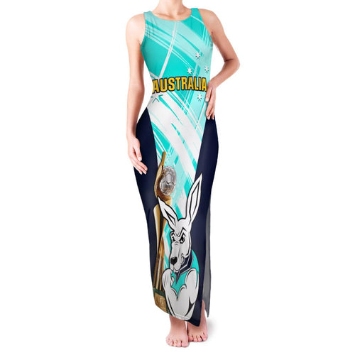 Custom Australia Soccer Family Matching Tank Maxi Dress and Hawaiian Shirt Matildas Kangaroo With World Cup Trophy 2023 Turquoise Version