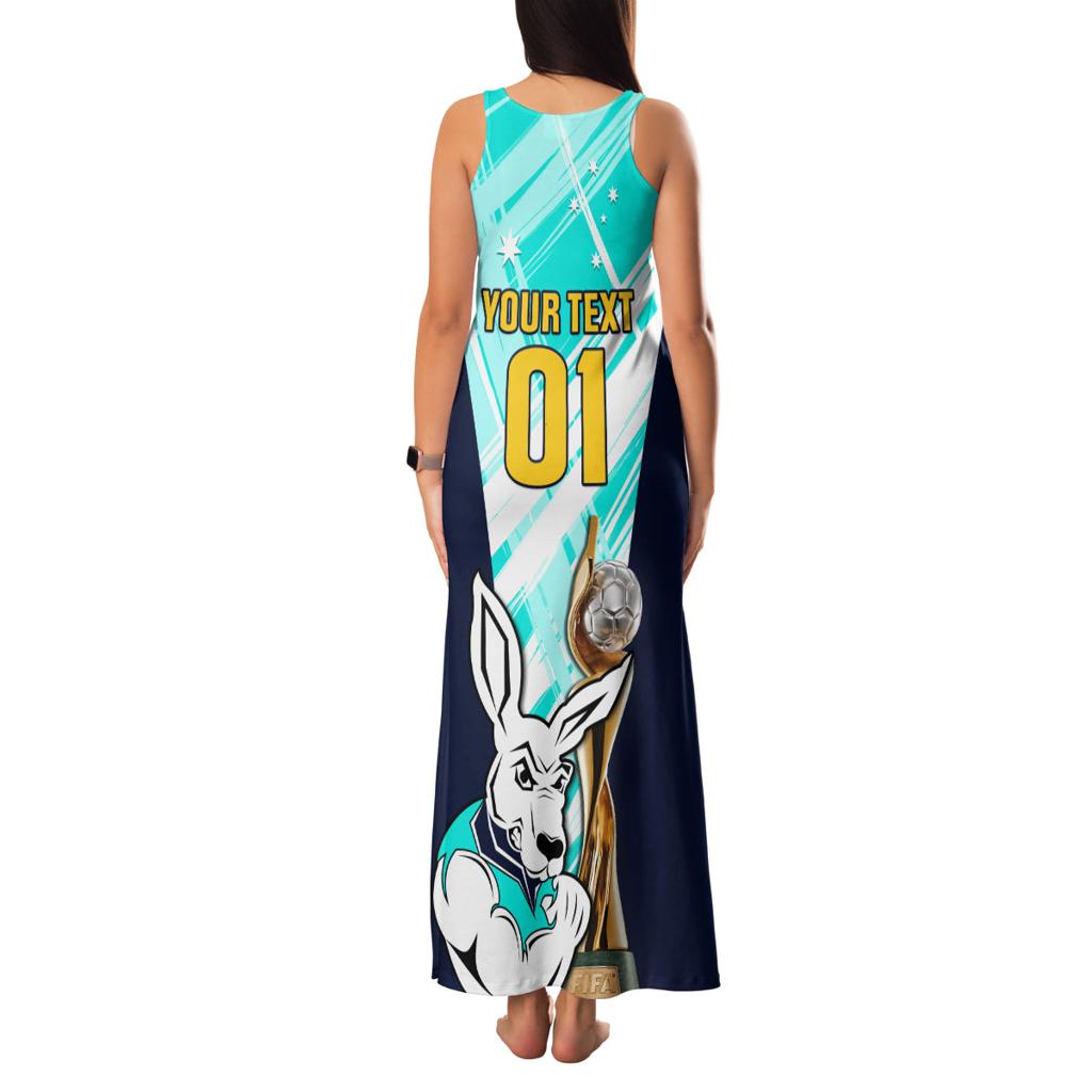 Custom Australia Soccer Family Matching Tank Maxi Dress and Hawaiian Shirt Matildas Kangaroo With World Cup Trophy 2023 Turquoise Version
