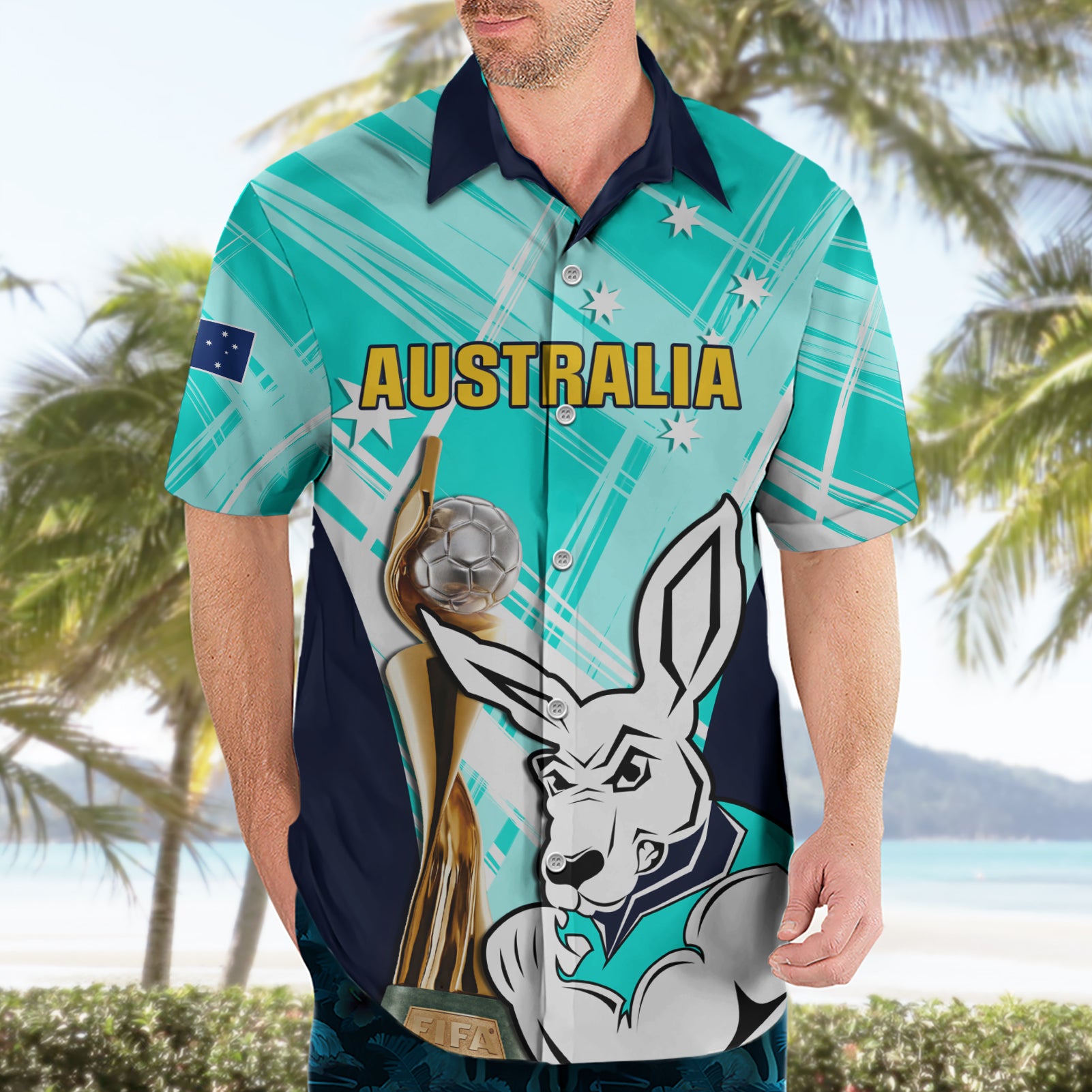 Custom Australia Soccer Hawaiian Shirt Matildas Kangaroo With World Cup Trophy 2023 Turquoise Version