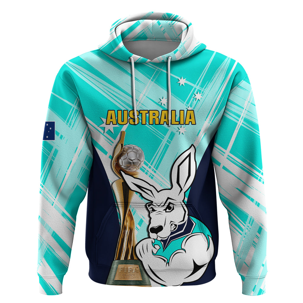 Custom Australia Soccer Hoodie Matildas Kangaroo With World Cup Trophy 2023 Turquoise Version