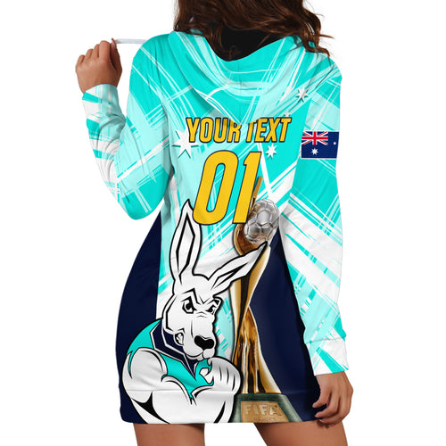 Custom Australia Soccer Hoodie Dress Matildas Kangaroo With World Cup Trophy 2023 Turquoise Version