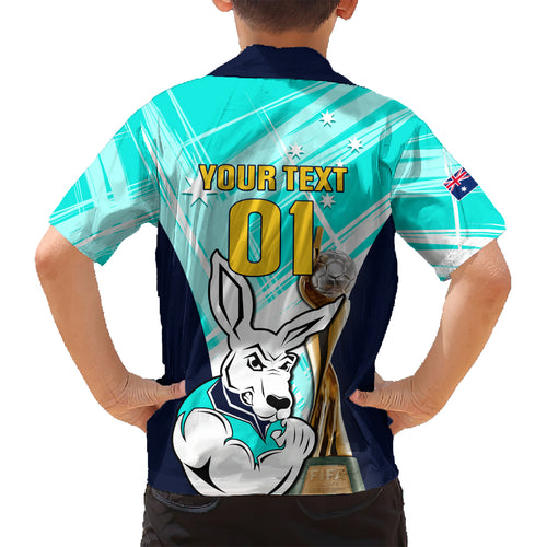 Custom Australia Soccer Kid Hawaiian Shirt Matildas Kangaroo With World Cup Trophy 2023 Turquoise Version