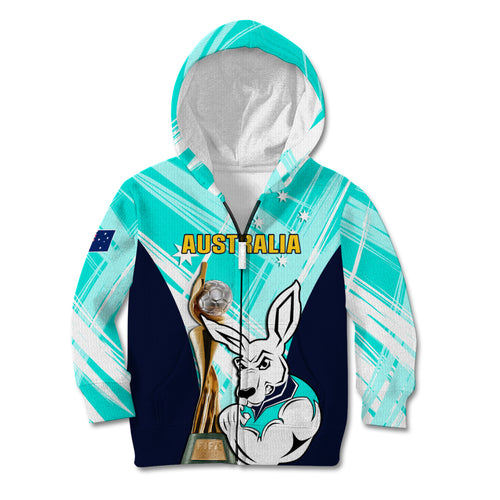 Custom Australia Soccer Kid Hoodie Matildas Kangaroo With World Cup Trophy 2023 Turquoise Version