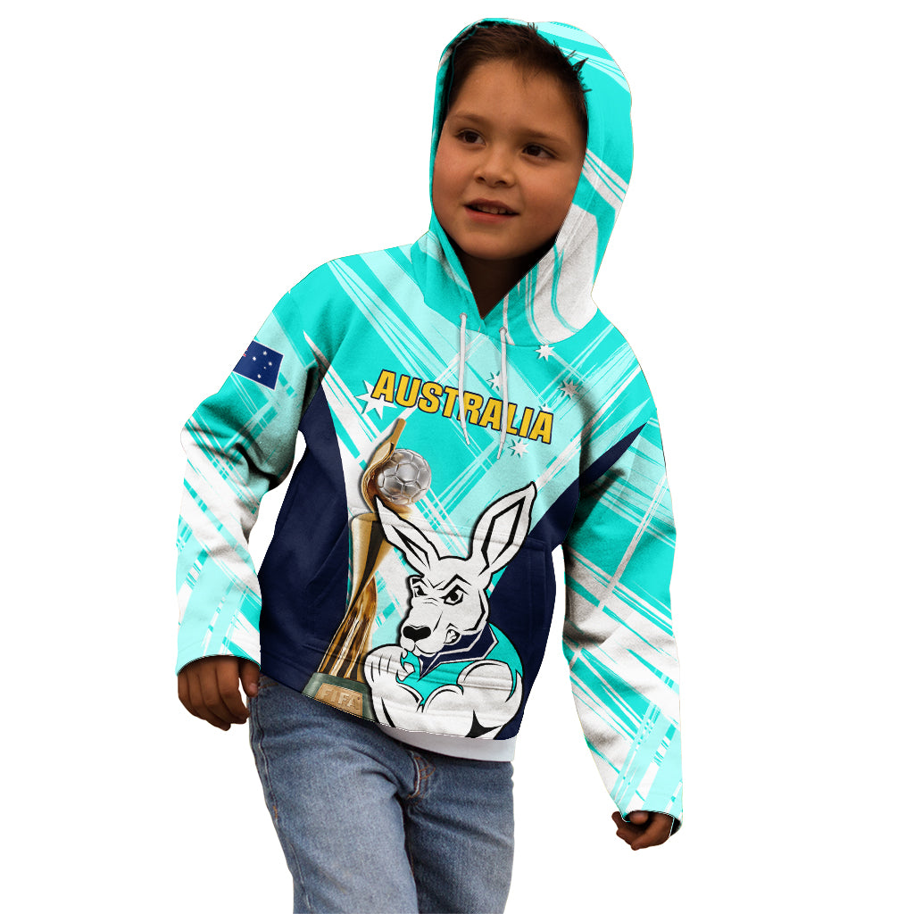 Custom Australia Soccer Kid Hoodie Matildas Kangaroo With World Cup Trophy 2023 Turquoise Version