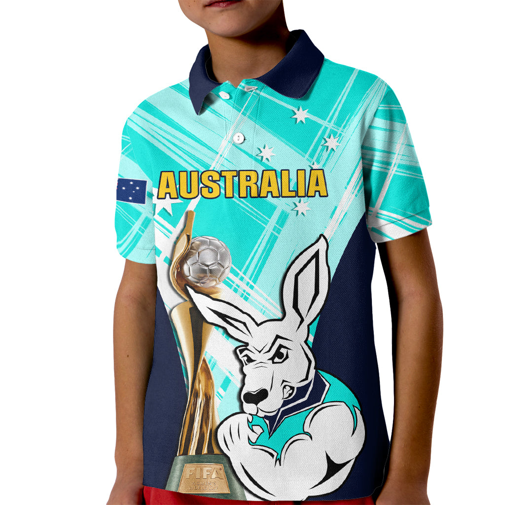 Custom Australia Soccer Kid Polo Shirt Matildas Kangaroo With World Cup Trophy 2023 Turquoise Version