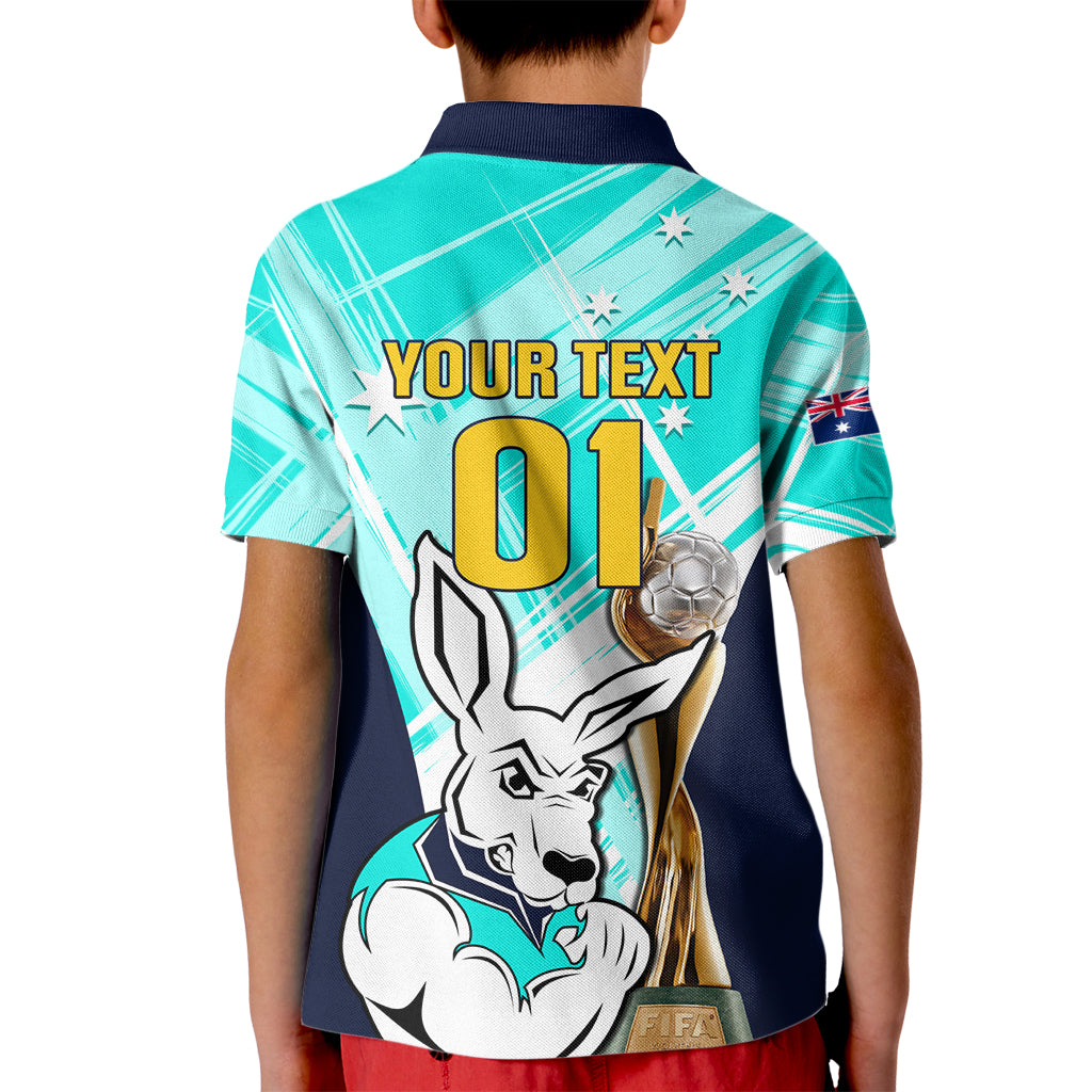 Custom Australia Soccer Kid Polo Shirt Matildas Kangaroo With World Cup Trophy 2023 Turquoise Version