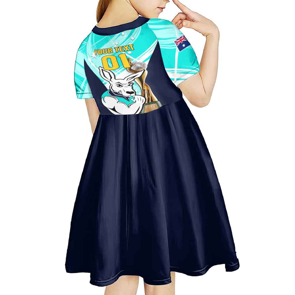 Custom Australia Soccer Kid Short Sleeve Dress Matildas Kangaroo With World Cup Trophy 2023 Turquoise Version