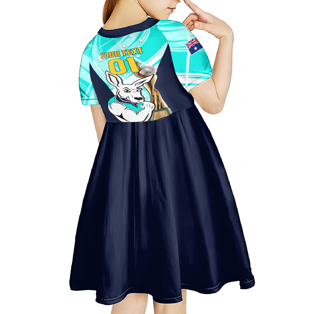 Custom Australia Soccer Kid Short Sleeve Dress Matildas Kangaroo With World Cup Trophy 2023 Turquoise Version