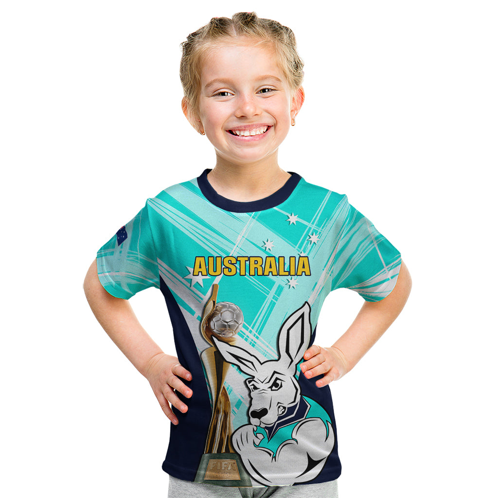 Custom Australia Soccer Kid T Shirt Matildas Kangaroo With World Cup Trophy 2023 Turquoise Version
