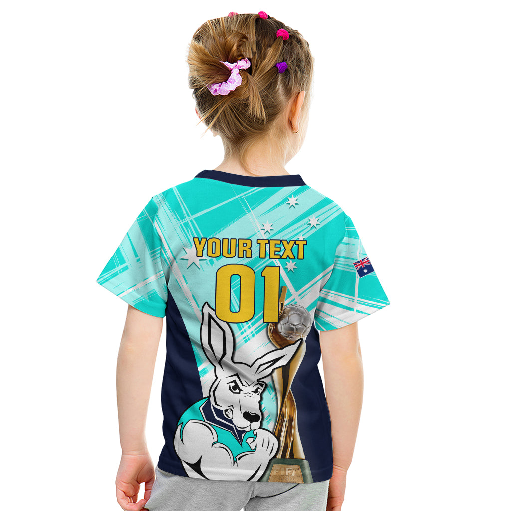 Custom Australia Soccer Kid T Shirt Matildas Kangaroo With World Cup Trophy 2023 Turquoise Version