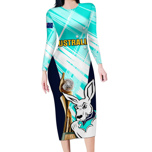 Custom Australia Soccer Long Sleeve Bodycon Dress Matildas Kangaroo With World Cup Trophy 2023 Turquoise Version