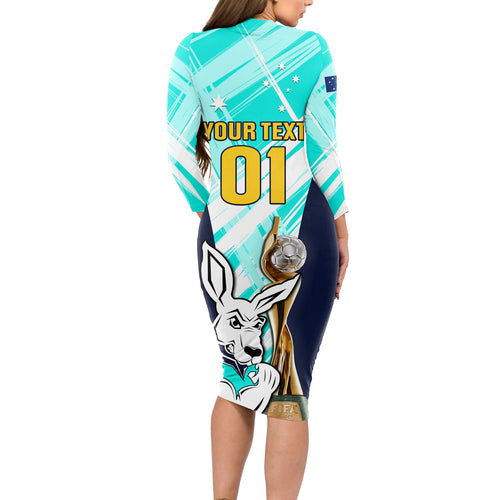 Custom Australia Soccer Long Sleeve Bodycon Dress Matildas Kangaroo With World Cup Trophy 2023 Turquoise Version