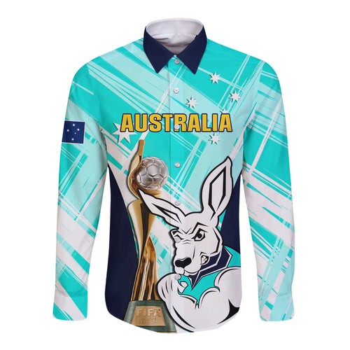 Custom Australia Soccer Long Sleeve Button Shirt Matildas Kangaroo With World Cup Trophy 2023 Turquoise Version