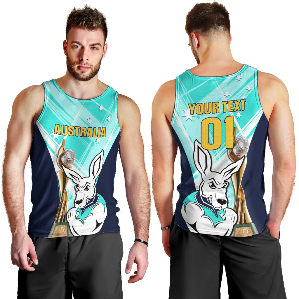 Custom Australia Soccer Men Tank Top Matildas Kangaroo With World Cup Trophy 2023 Turquoise Version
