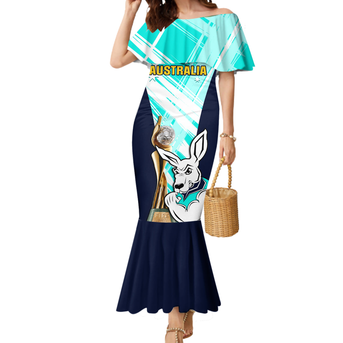 Custom Australia Soccer Mermaid Dress Matildas Kangaroo With World Cup Trophy 2023 Turquoise Version