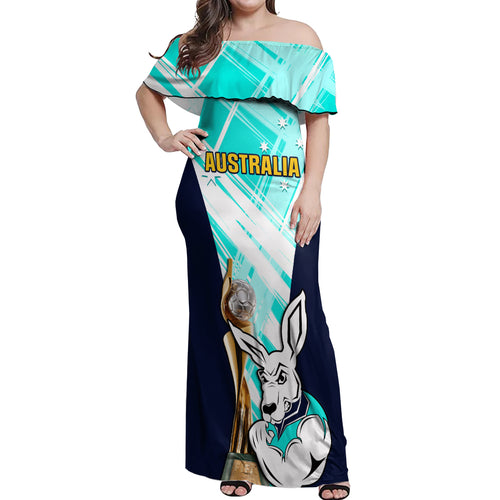 Custom Australia Soccer Off Shoulder Maxi Dress Matildas Kangaroo With World Cup Trophy 2023 Turquoise Version