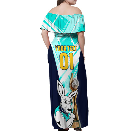 Custom Australia Soccer Off Shoulder Maxi Dress Matildas Kangaroo With World Cup Trophy 2023 Turquoise Version