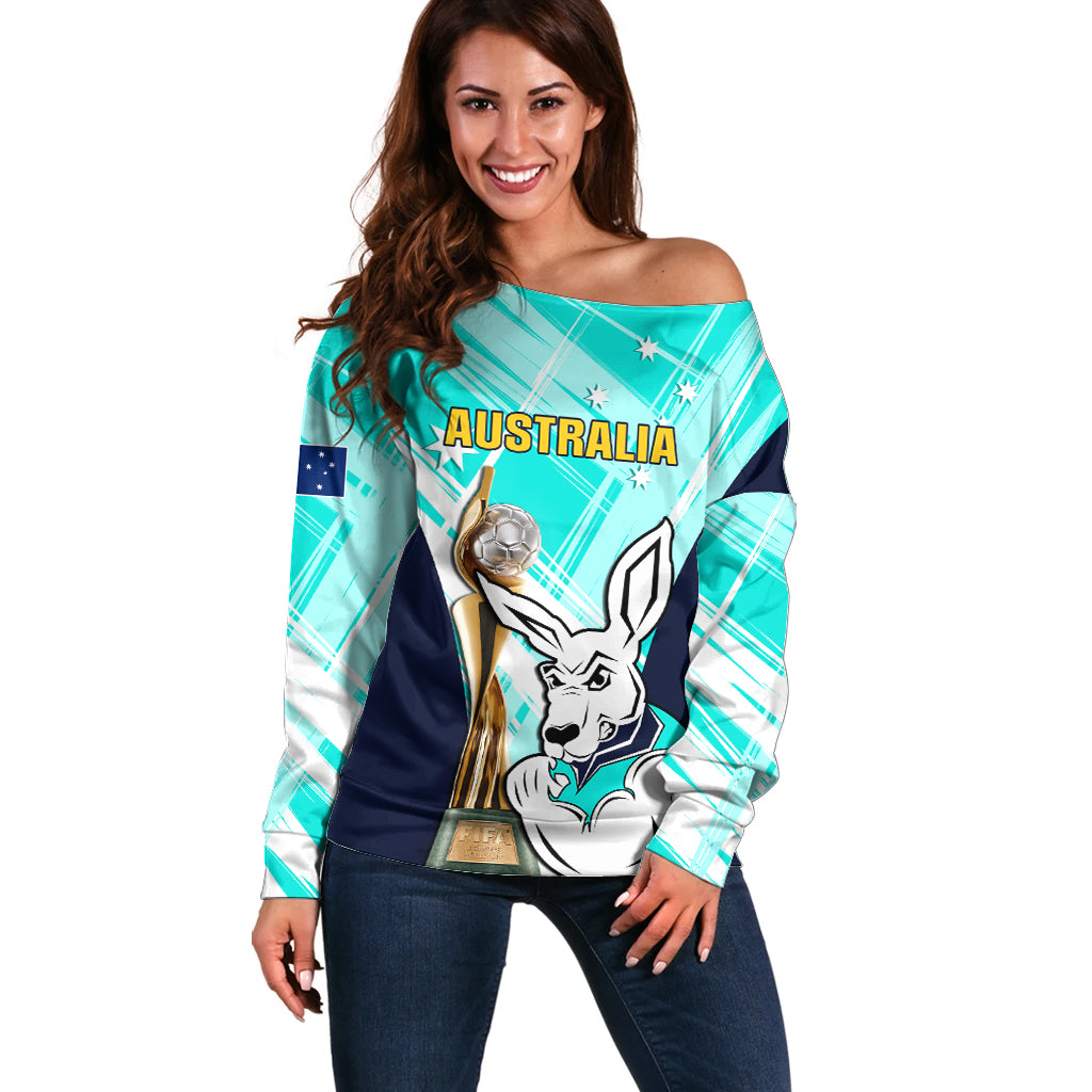 Custom Australia Soccer Off Shoulder Sweater Matildas Kangaroo With World Cup Trophy 2023 Turquoise Version