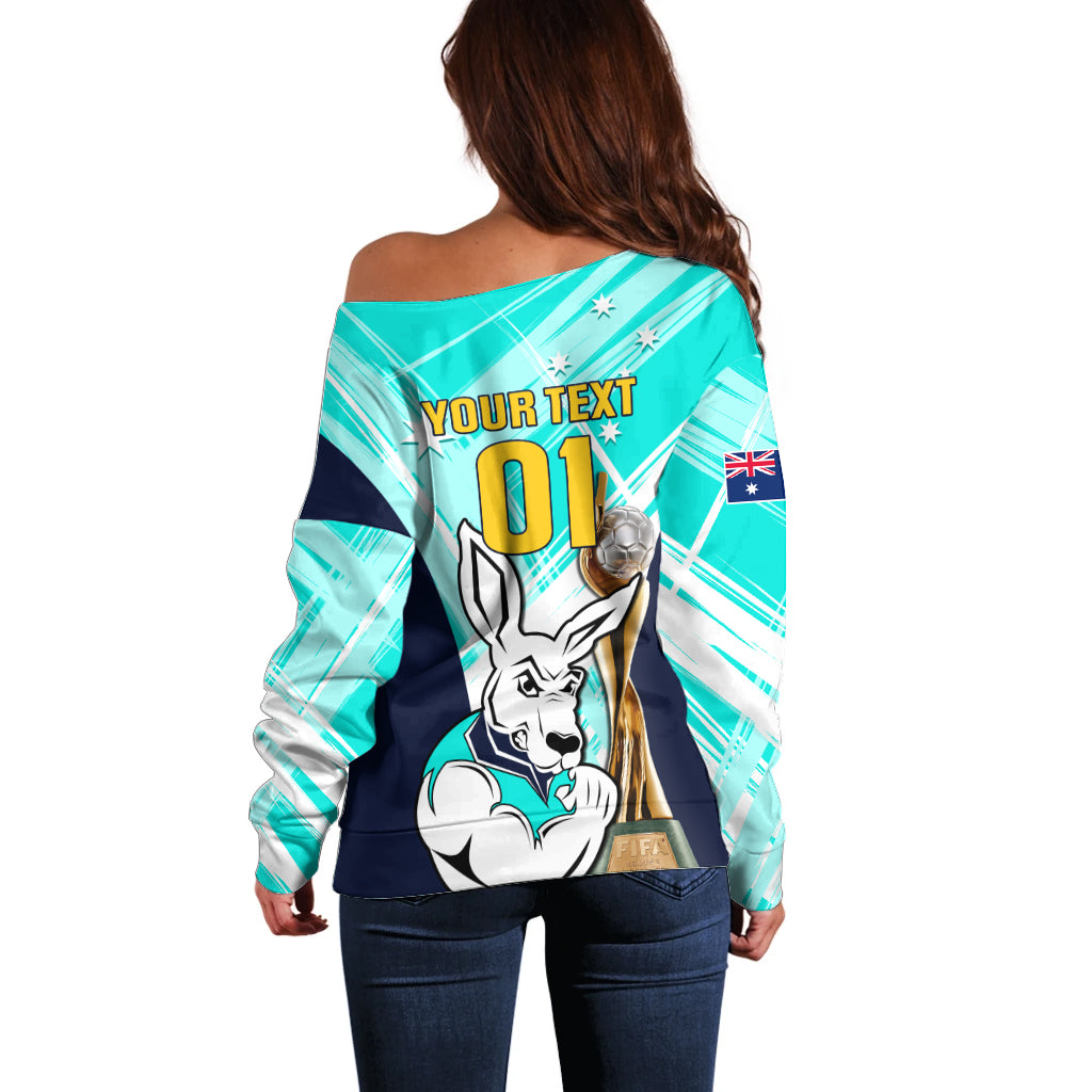 Custom Australia Soccer Off Shoulder Sweater Matildas Kangaroo With World Cup Trophy 2023 Turquoise Version