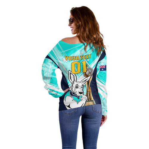 Custom Australia Soccer Off Shoulder Sweater Matildas Kangaroo With World Cup Trophy 2023 Turquoise Version