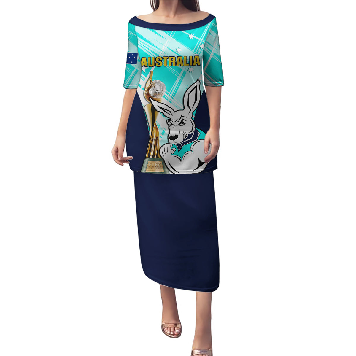 Custom Australia Soccer Puletasi Matildas Kangaroo With World Cup Trophy 2023 Turquoise Version