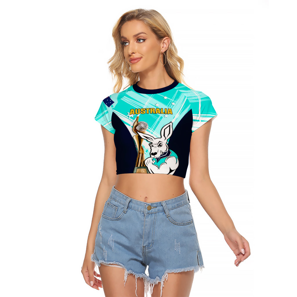 Custom Australia Soccer Raglan Cropped T Shirt Matildas Kangaroo With World Cup Trophy 2023 Turquoise Version