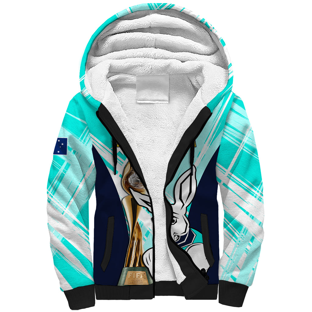Custom Australia Soccer Sherpa Hoodie Matildas Kangaroo With World Cup Trophy 2023 Turquoise Version