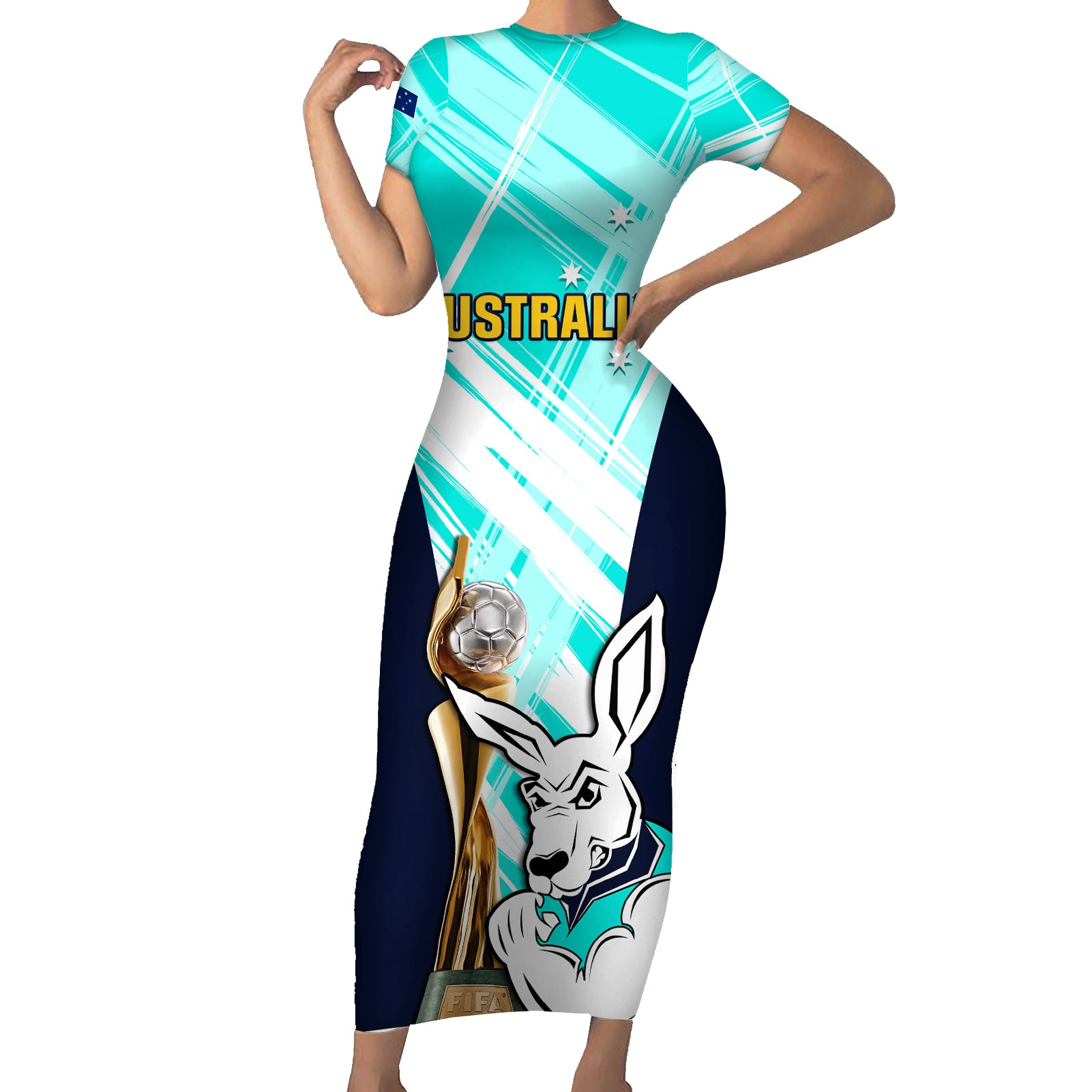Custom Australia Soccer Short Sleeve Bodycon Dress Matildas Kangaroo With World Cup Trophy 2023 Turquoise Version