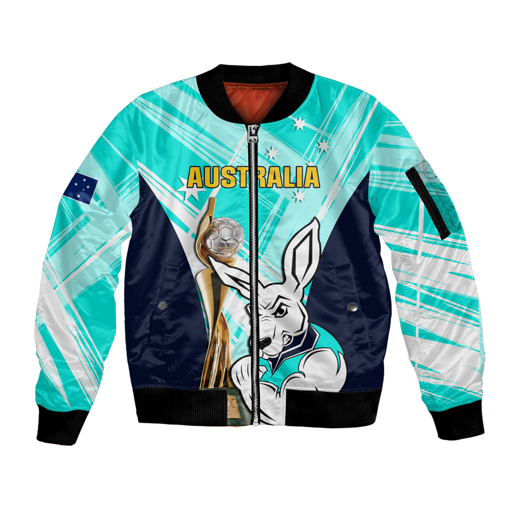 Custom Australia Soccer Sleeve Zip Bomber Jacket Matildas Kangaroo With World Cup Trophy 2023 Turquoise Version