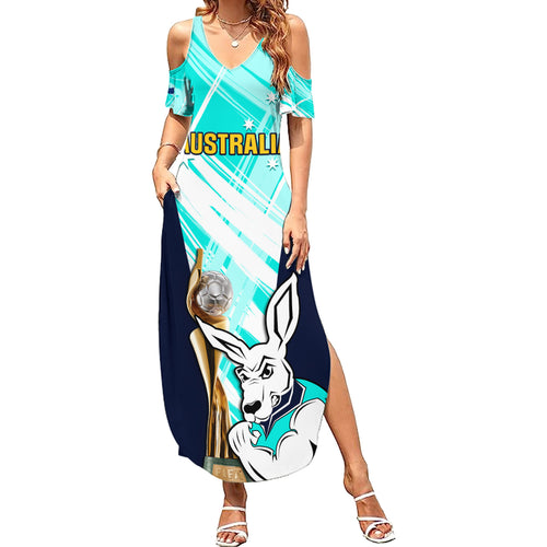 Custom Australia Soccer Summer Maxi Dress Matildas Kangaroo With World Cup Trophy 2023 Turquoise Version