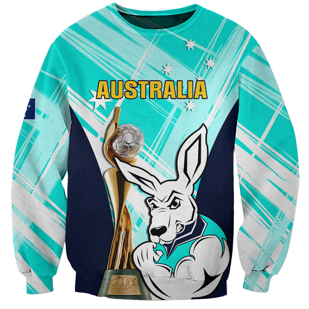 Custom Australia Soccer Sweatshirt Matildas Kangaroo With World Cup Trophy 2023 Turquoise Version