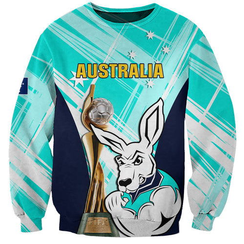 Custom Australia Soccer Sweatshirt Matildas Kangaroo With World Cup Trophy 2023 Turquoise Version
