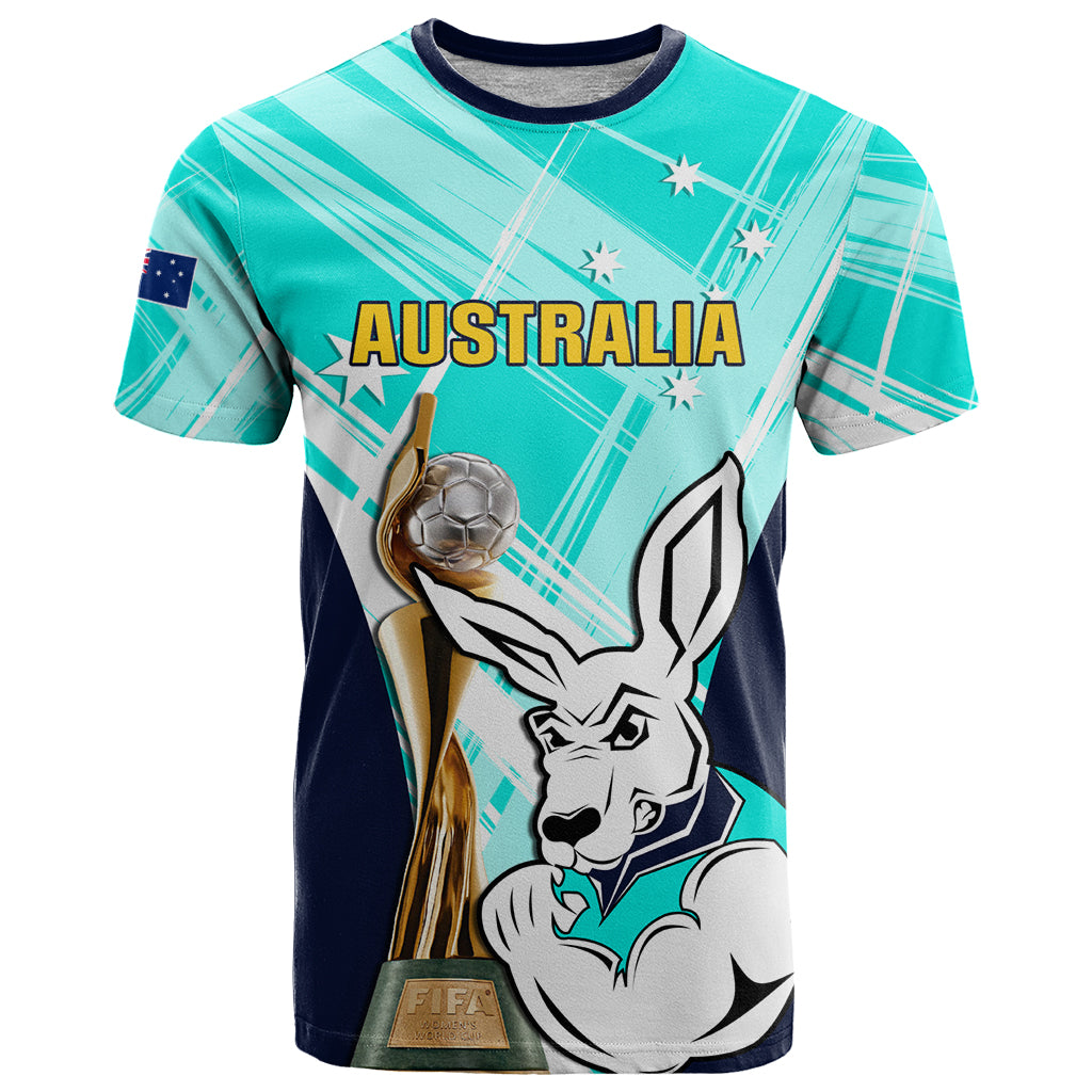 Custom Australia Soccer T Shirt Matildas Kangaroo With World Cup Trophy 2023 Turquoise Version