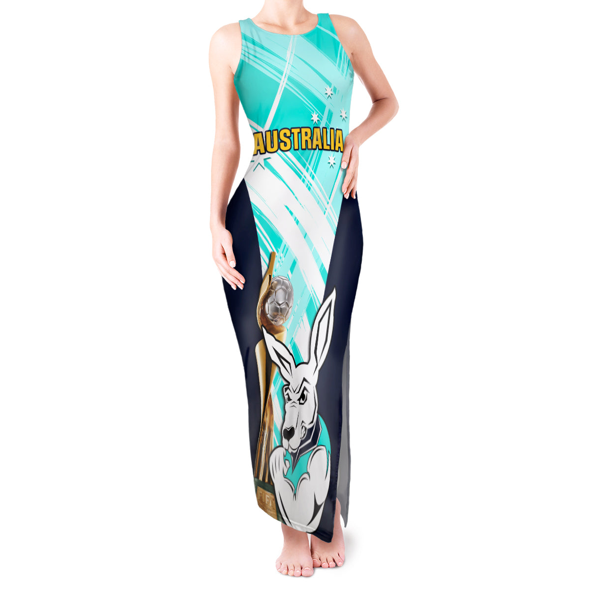 Custom Australia Soccer Tank Maxi Dress Matildas Kangaroo With World Cup Trophy 2023 Turquoise Version