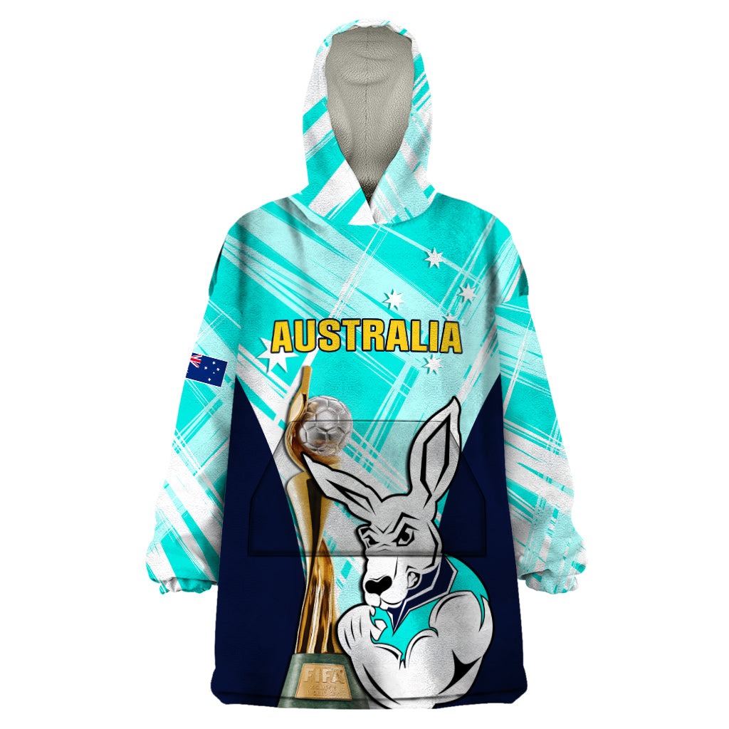 Custom Australia Soccer Wearable Blanket Hoodie Matildas Kangaroo With World Cup Trophy 2023 Turquoise Version